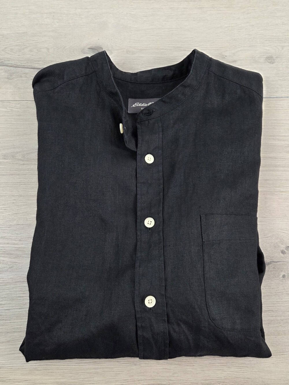 Vtg Eddie Bauer Grandad Band Collar Shirt Mens Large Black Button Up 100% Linen